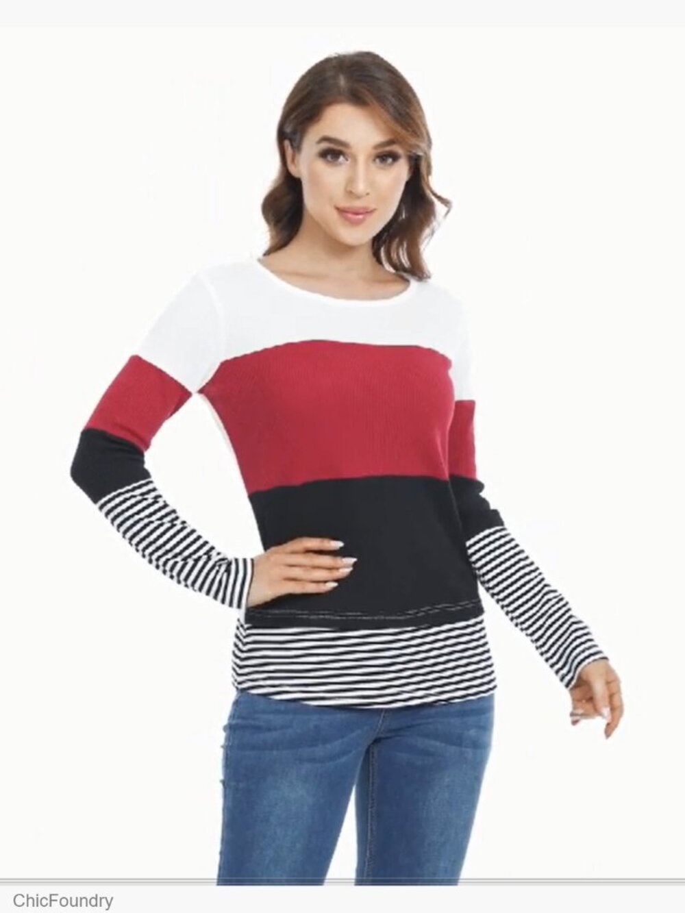 Women's Long Sleeve Tunic Top, Waffle Knit, Loose Fit, Crew Neck - Picture 7 of 7
